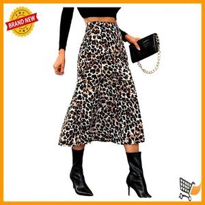 Leopard Print A-Line Midi Skirt High Waisted Flared Elegant Dressy Skirt